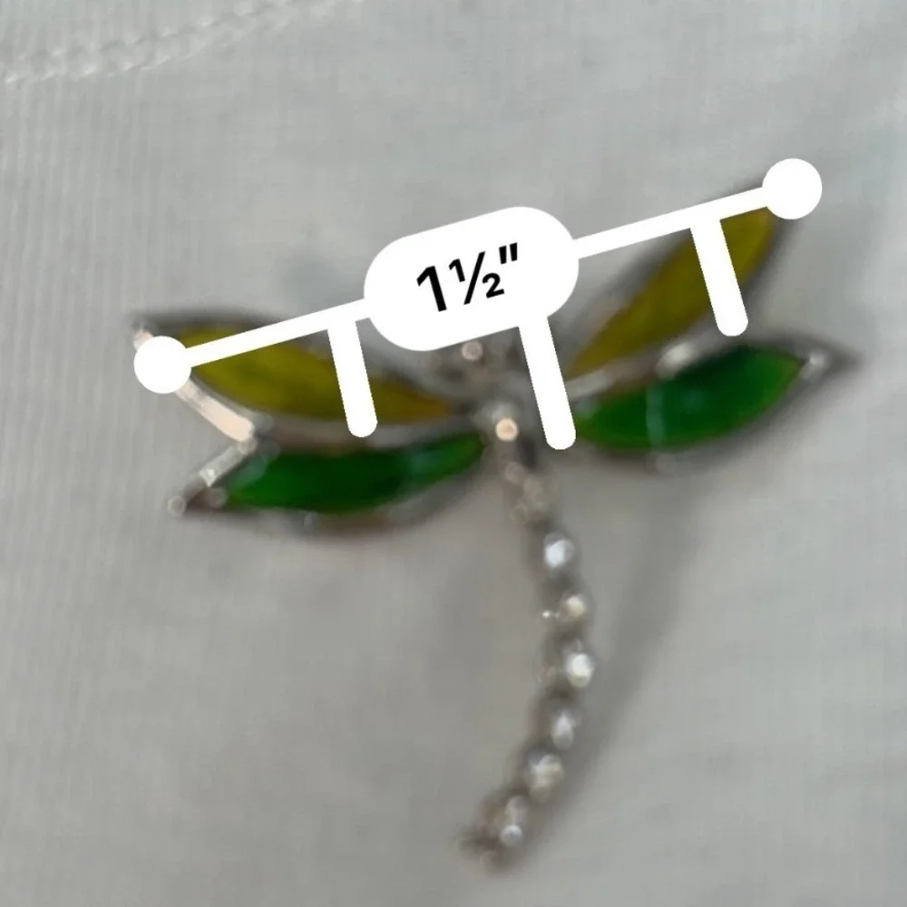 Silver Tone Dragonfly Brooch Green Yellow Enamel Wings Clear Rhinestone 103-235